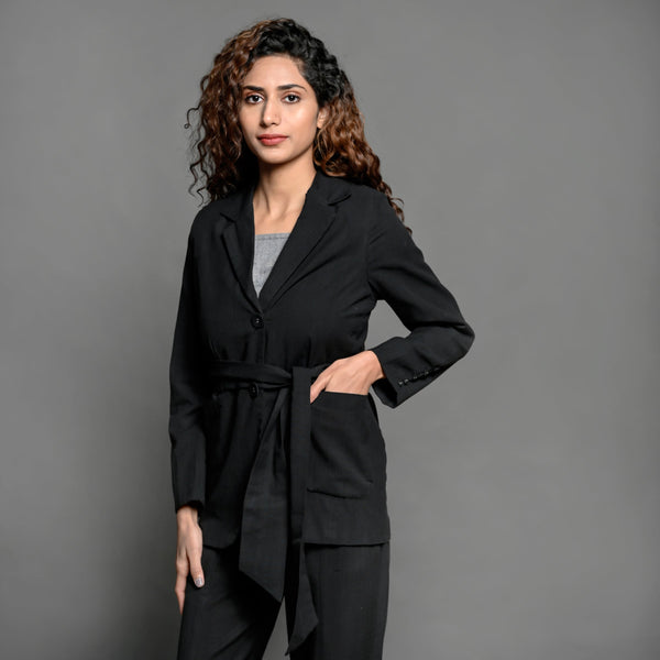 Front View of a Model wearing Black Handspun Cotton Belted Blazer