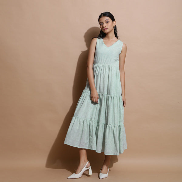 Front View of a Model wearing Handspun Cotton Muslin Checkered Dress