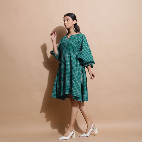 Bottle Green Checks Handspun Cotton Knee Length Kaftan Dress