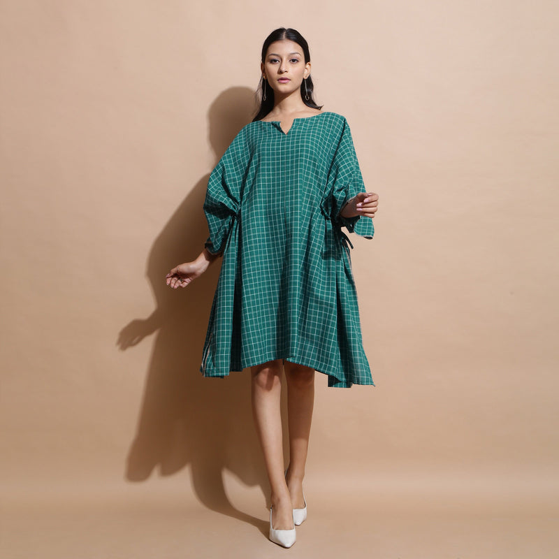 Bottle Green Checks Handspun Cotton Knee Length Kaftan Dress