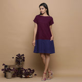 Wine and Navy Blue Handspun Cotton Paneled Boat Neck Shift Dress