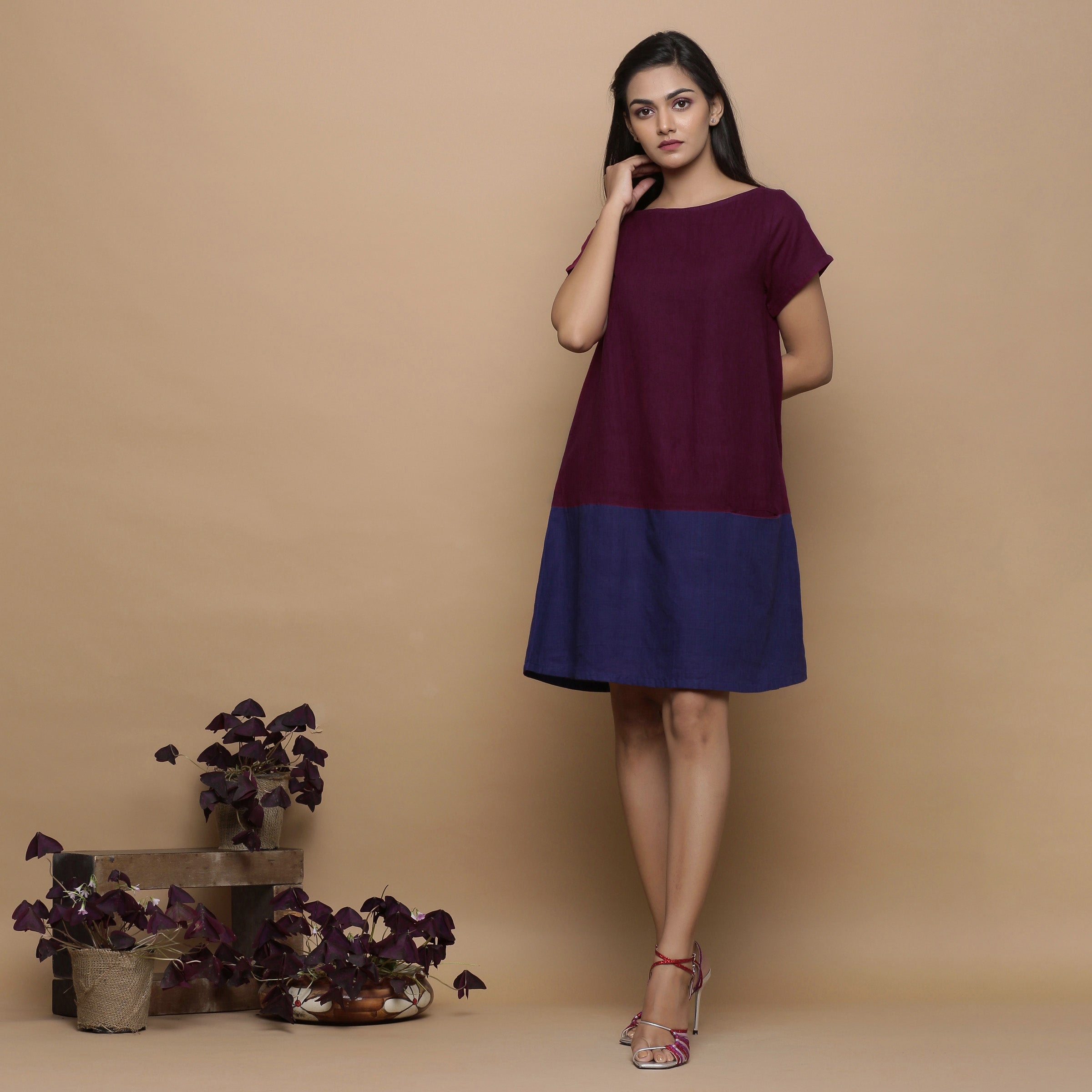 Wine and Navy Blue Handspun Cotton Paneled Boat Neck Shift Dress