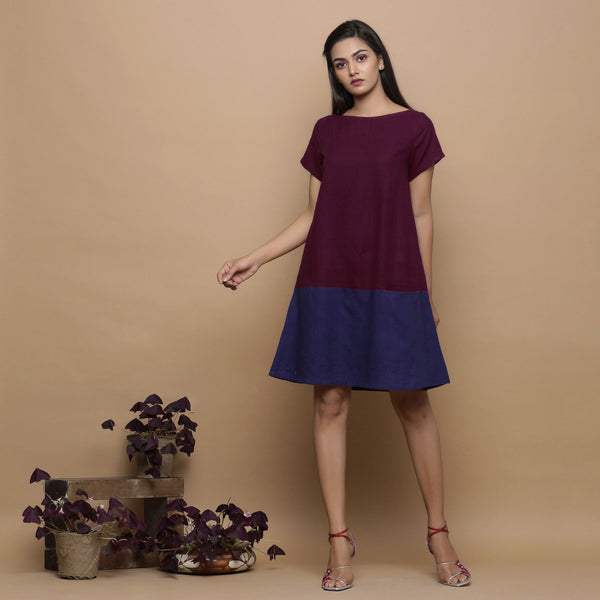 Wine and Navy Blue Handspun Cotton Paneled Boat Neck Shift Dress