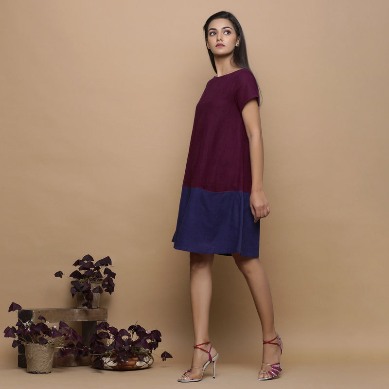 Wine and Navy Blue Handspun Cotton Paneled Boat Neck Shift Dress