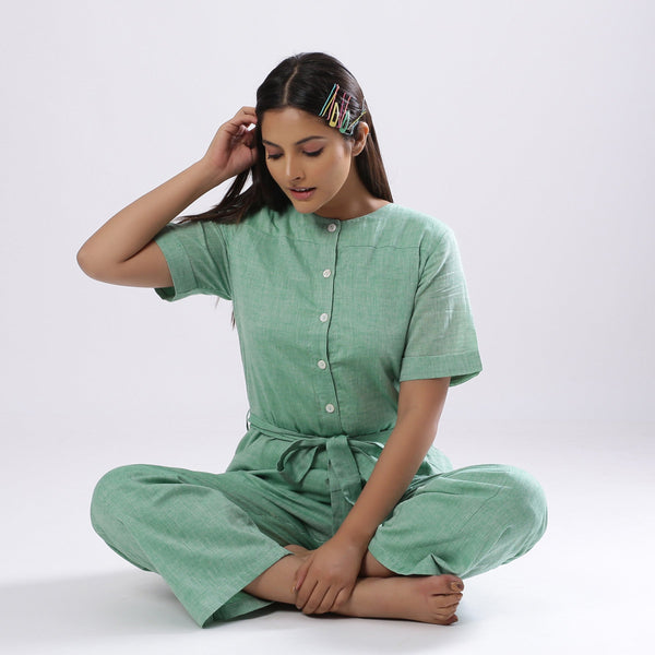 Sage Green Handspun Cotton Ankle Length Paneled Overalls