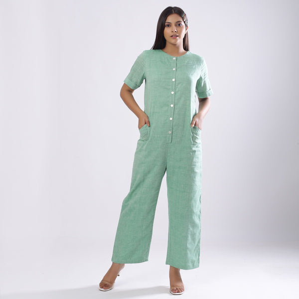 Sage Green Handspun Cotton Ankle Length Paneled Overalls