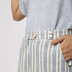 Left Detail of a Model wearing Handspun Cotton Striped Tapered Pant