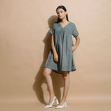 Dark Green Handspun Cotton V-Neck Yoked Short Dress