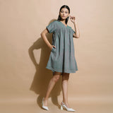 Dark Green Handspun Cotton V-Neck Yoked Short Dress