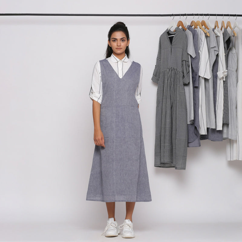 Front View of a Model wearing Deep V-Neck Charcoal Grey Pinafore Dress