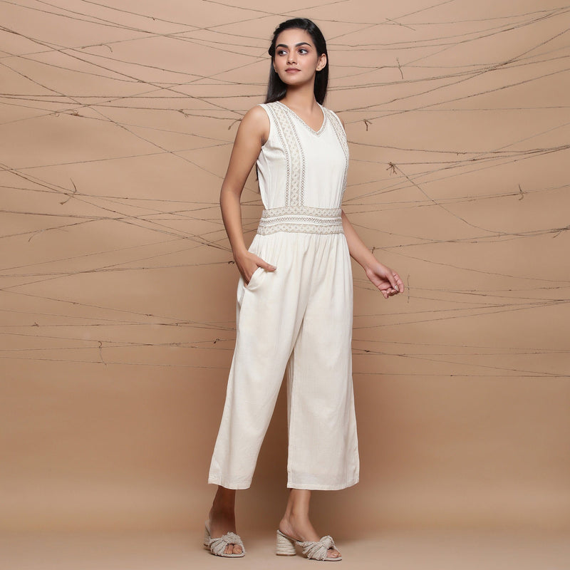 Right View of a Model wearing Handspun Ivory Jute Laced Jumpsuit