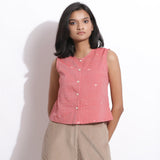 Front View of a Model wearing Handspun Jamdani Rose Pink Crop Shirt