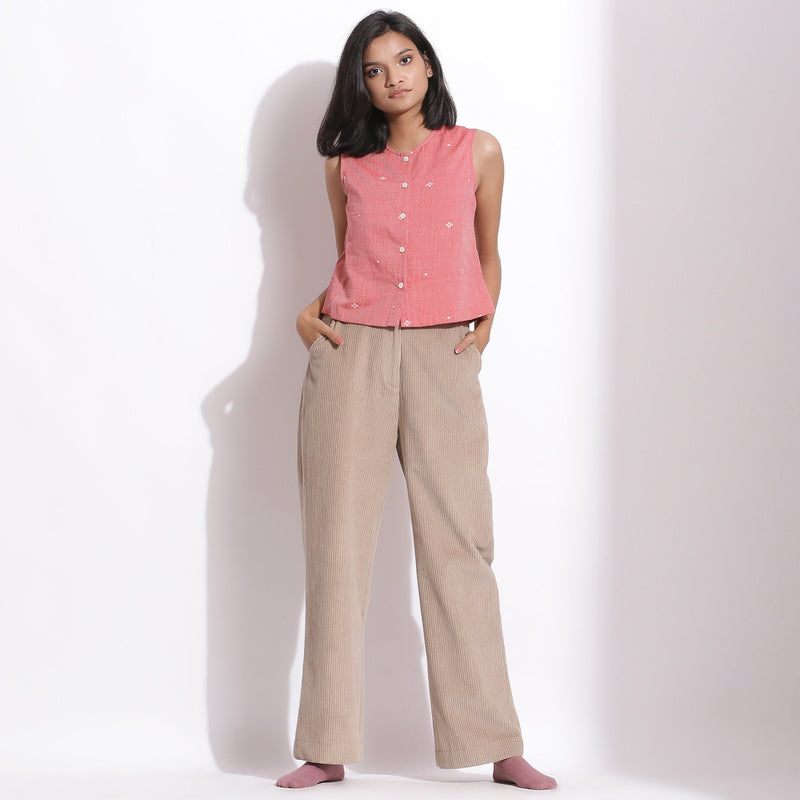 Front View of a Model wearing Handspun Jamdani Rose Pink Crop Shirt