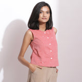 Right View of a Model wearing Handspun Jamdani Rose Pink Crop Shirt