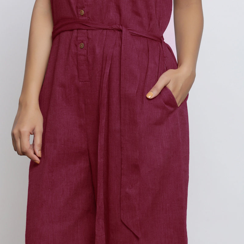 Front Detail of a Model wearing Handspun Maroon Butterfly Sleeves Jumpsuit