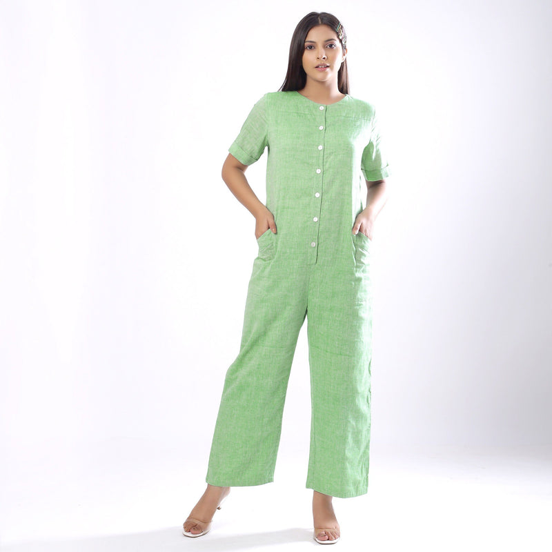 Front View of a Model wearing Handspun Mint Green Paneled Button-Down Jumpsuit