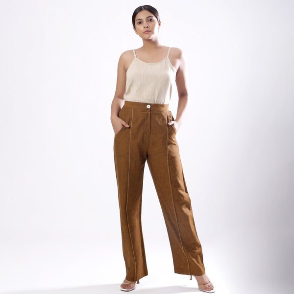 Front View of a Model wearing Handspun Oak Brown Straight Fit Cotton Pant