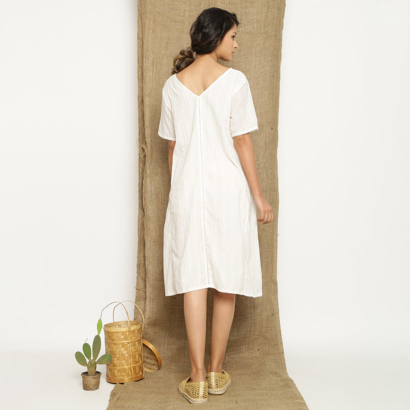 Off White Striped Handspun Cotton Lace Knee Length A-Line Dress