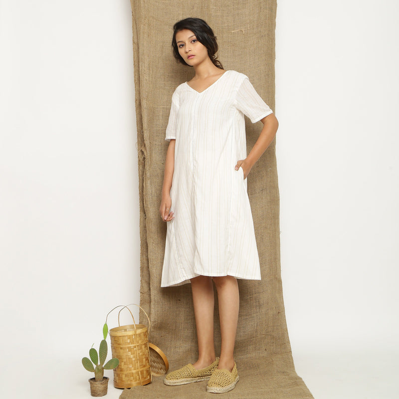 Off White Striped Handspun Cotton Lace Knee Length A-Line Dress