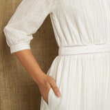 Off White and Yellow Striped Handspun Cotton Midi Tier Dress