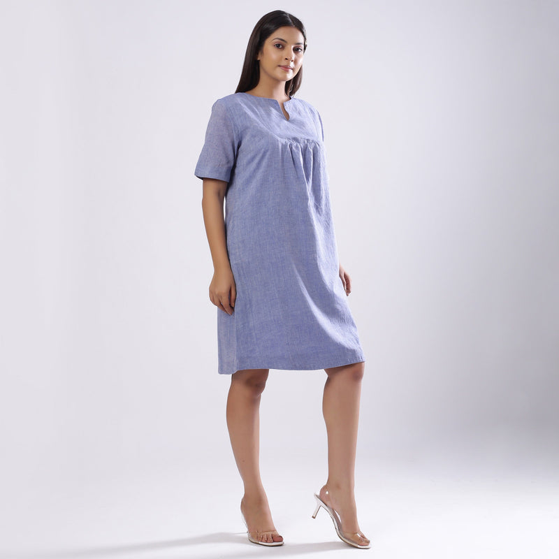 Powder Blue Handspun Cotton Knee Length Shift Dress