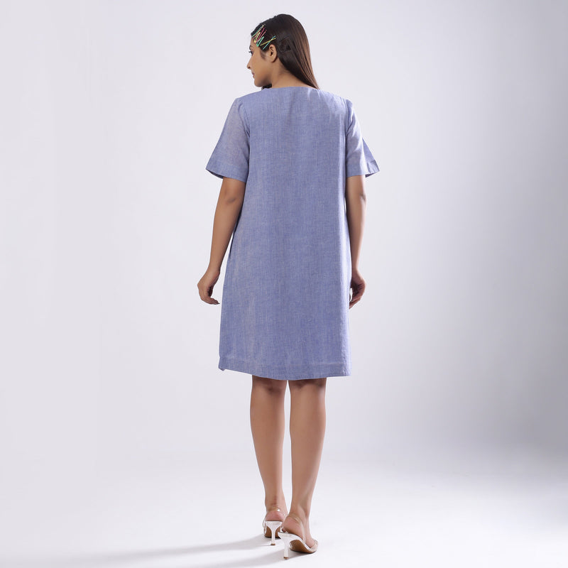 Powder Blue Handspun Cotton Knee Length Shift Dress