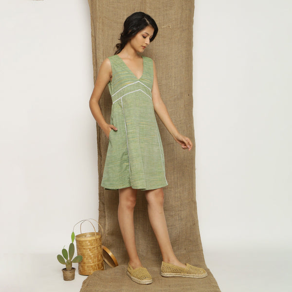 Sage Green Handspun Cotton V-Neck Paneled Short Dress