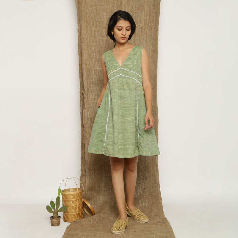 Sage Green Handspun Cotton V-Neck Paneled Short Dress