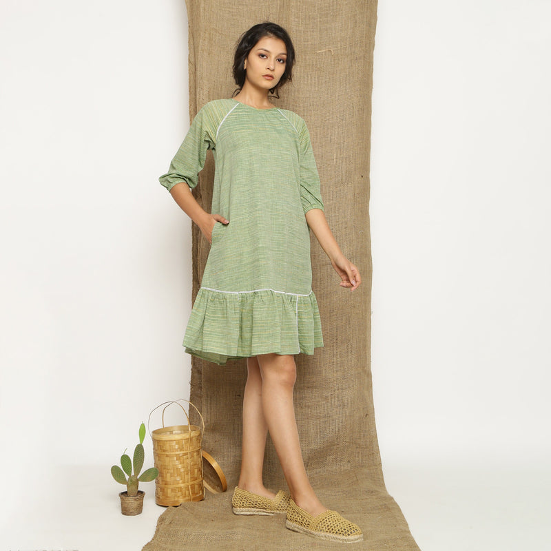 Sage Green Handspun Cotton Raglan Sleeve Knee Length Shift Dress