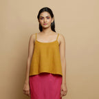 Front View of a Model wearing Handwoven Cotton Flared Godet Top