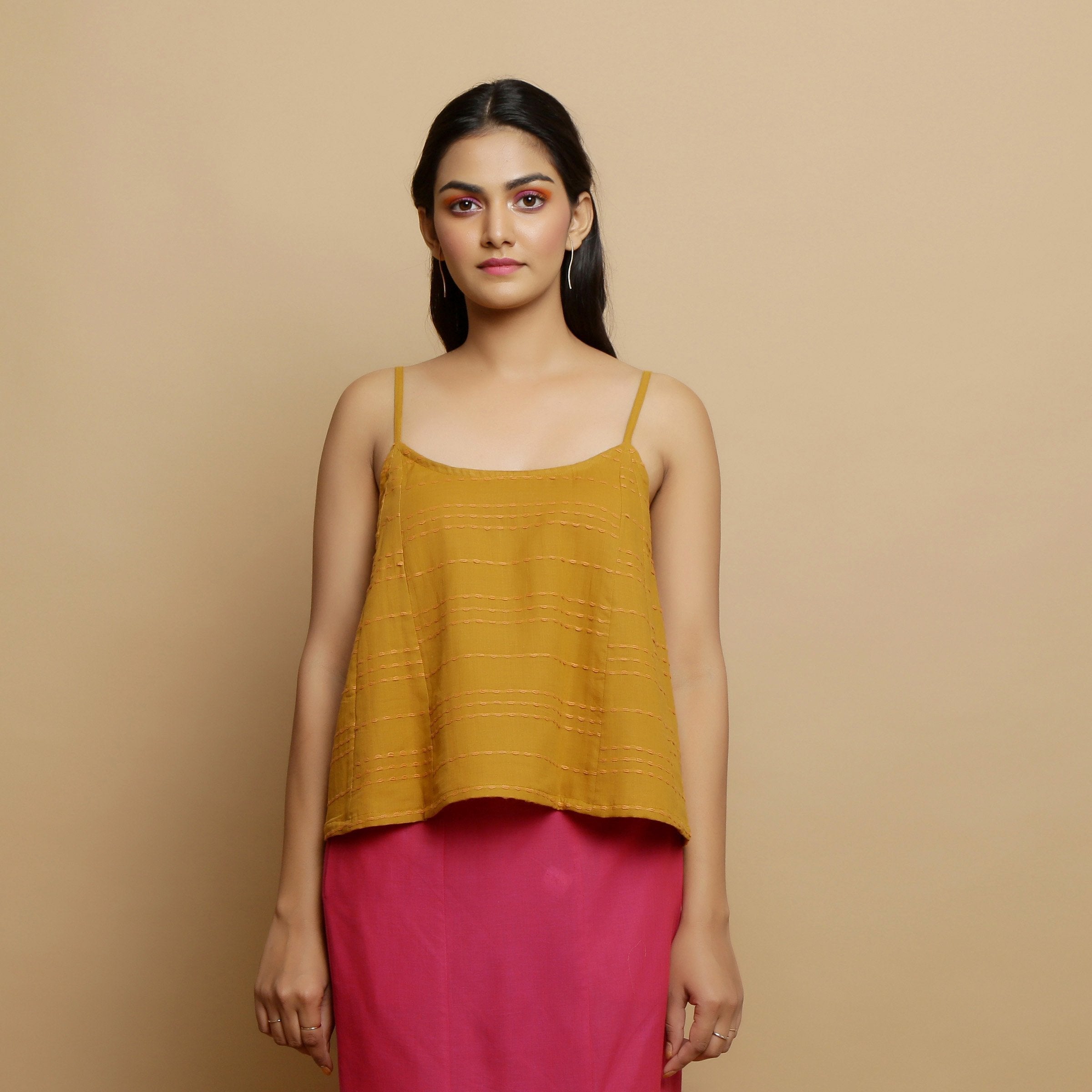 Front View of a Model wearing Handwoven Cotton Flared Godet Top