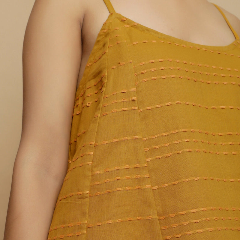 Front Detail of a Model wearing Handwoven Cotton Flared Godet Top