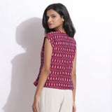 Back View of a Model wearing Handwoven Ikat Berry Wine Straight Top