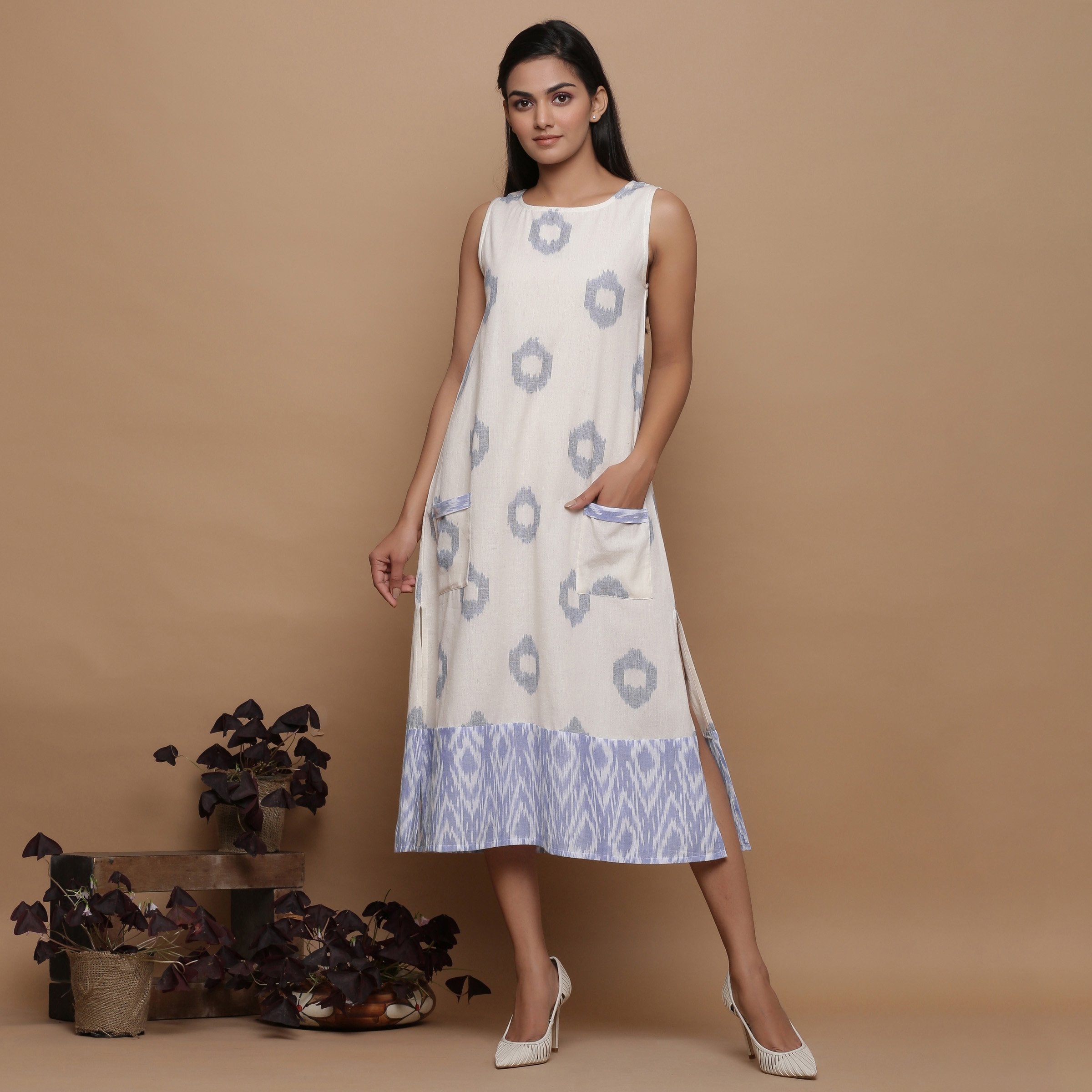 Front View of a Model wearing Ikat Off-White Cotton Shift Dress