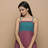 Wine Ikat Handspun Cotton Knee Length Gathered Camisole Dress