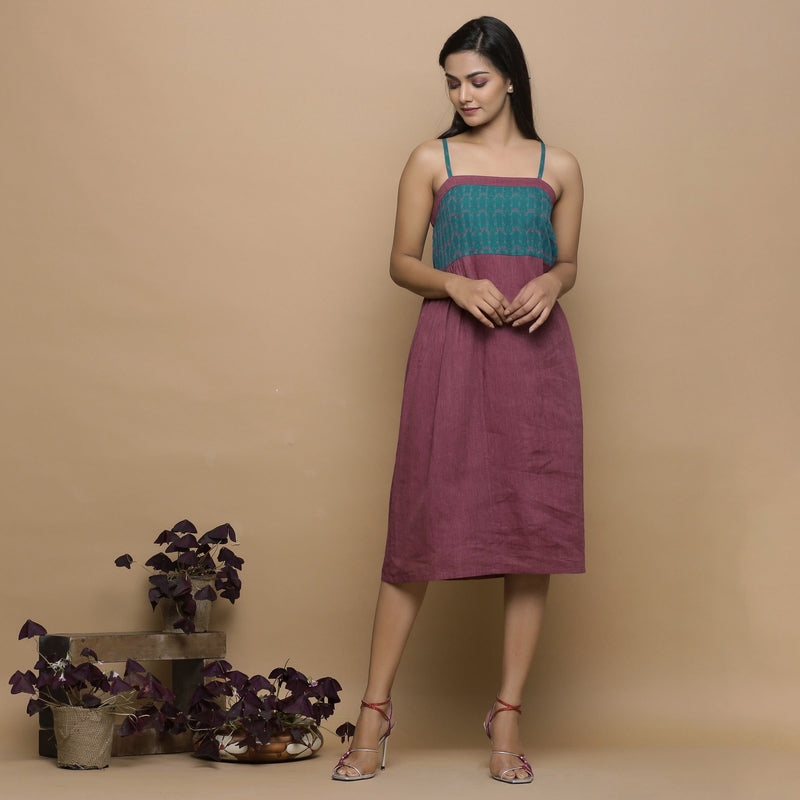 Wine Ikat Handspun Cotton Knee Length Gathered Camisole Dress