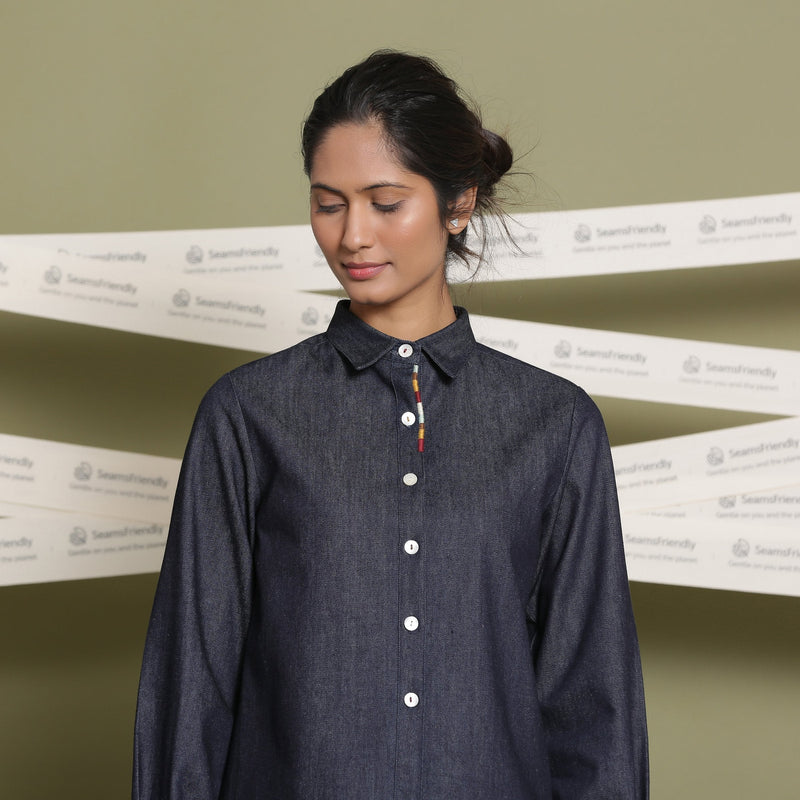 Front View of a Model wearing Indigo Cotton Denim Button Down Shirt