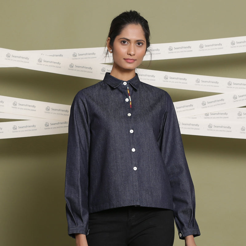 Front View of a Model wearing Indigo Cotton Denim Button Down Shirt