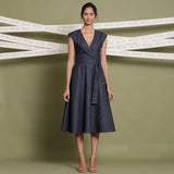 Front View of a Model wearing Indigo Cotton Denim Fit and Flare Dress