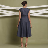 Back View of a Model wearing Indigo Cotton Denim Fit and Flare Dress