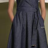 Front Detail of a Model wearing Indigo Cotton Denim Fit and Flare Dress