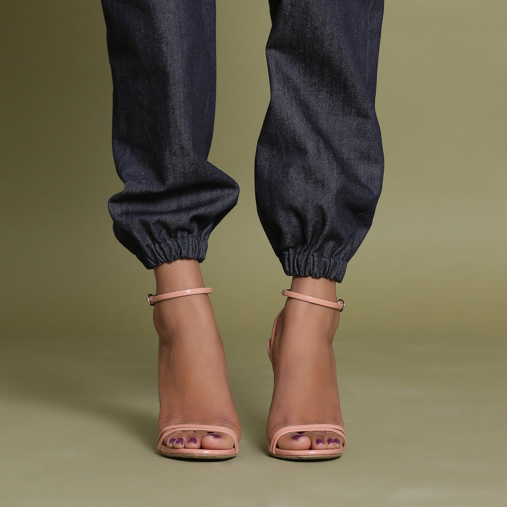 Close View of a Model wearing Indigo Cotton Denim Jogger Pant