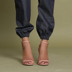 Close View of a Model wearing Indigo Cotton Denim Jogger Pant