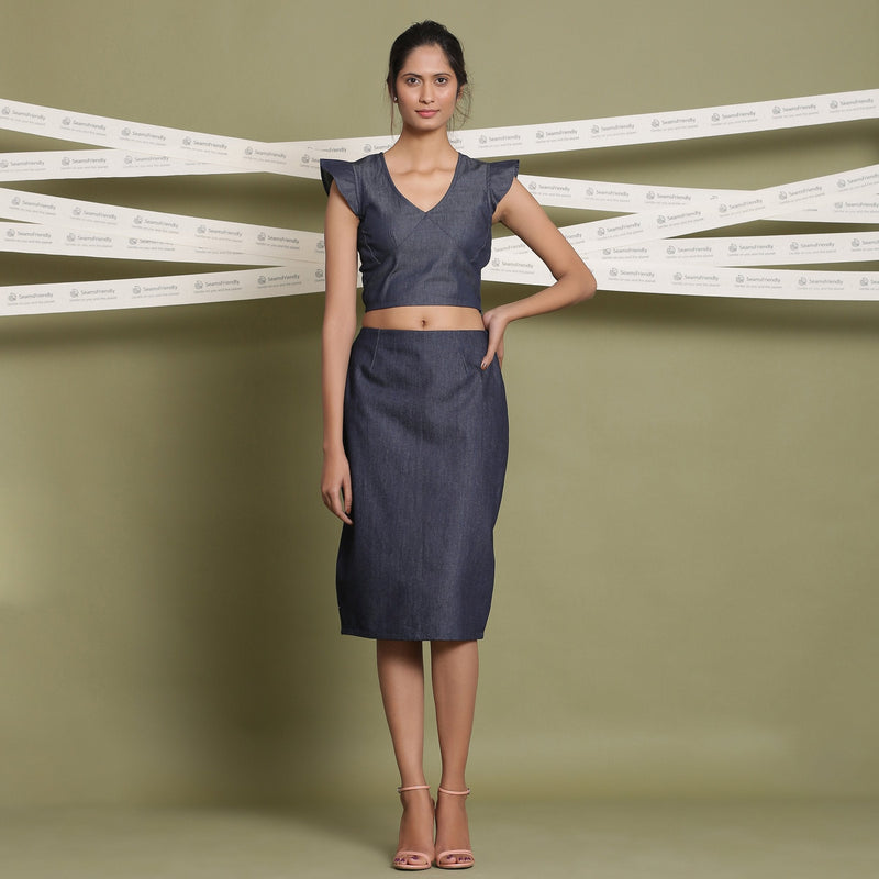 Front View of a Model wearing Indigo Cotton Denim Slit Pencil Skirt