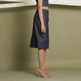 Right View of a Model wearing Indigo Cotton Denim Slit Pencil Skirt