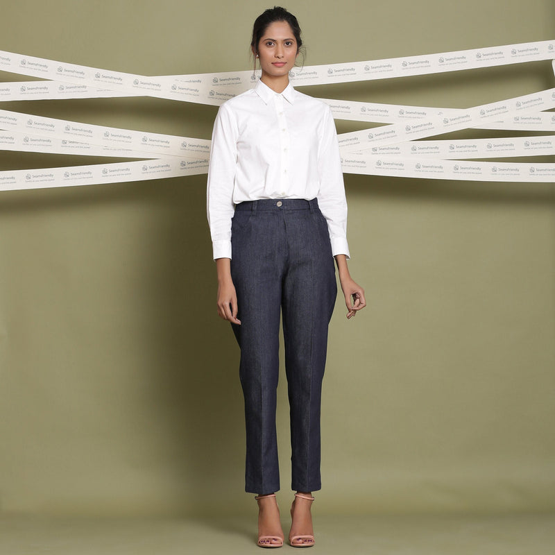 Front View of a Model wearing Indigo Cotton Denim Tapered Pant