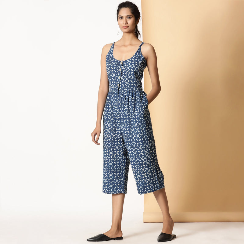 Front View of a Model wearing Indigo Dabu Block Printed Button-Down Jumpsuit