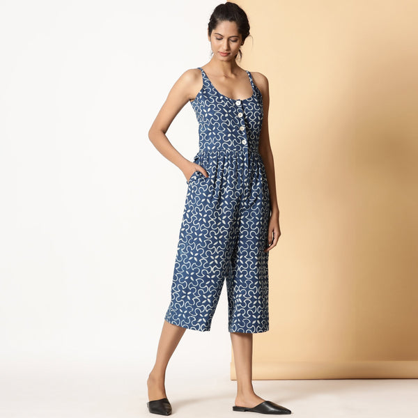 Front View of a Model wearing Indigo Dabu Block Printed Button-Down Jumpsuit