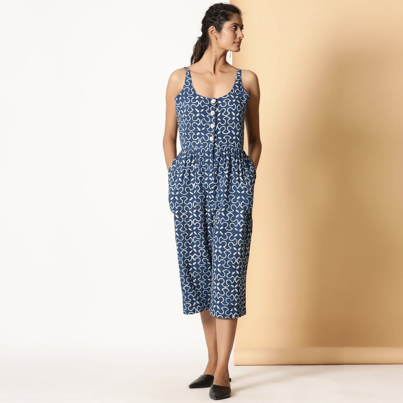 Front View of a Model wearing Indigo Dabu Block Printed Button-Down Jumpsuit