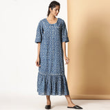 Indigo Dabu Block Print Cotton Square Neck Maxi Dress